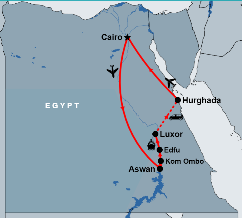 10 Day Cairo, Nile Cruise and Hurghada route map